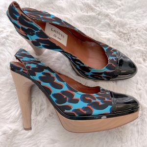 Lanvin Turquoise & Black Leopard Print Wood Heeled Platforms.  Size 40